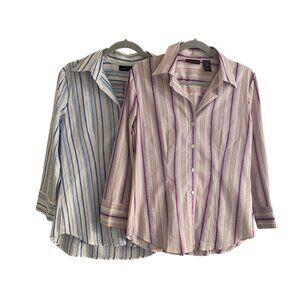 New York Co Stretch Blouse Stripe LS Button Front Women Large Lot of 2